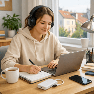 A young woman wearing headphones sitting at a desk, using a laptop, taking notes in a notebook, with a cup of coffee and a smartphone nearby, in a bright home office setting.